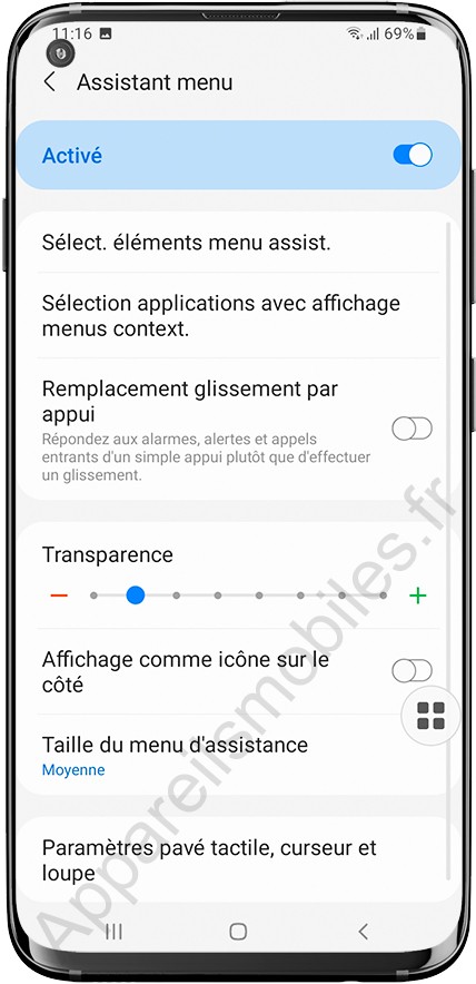 Paramètres du menu d'assistance Samsung Galaxy