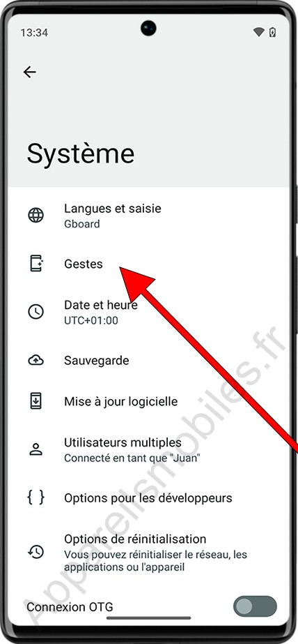 Paramètres gestes Android