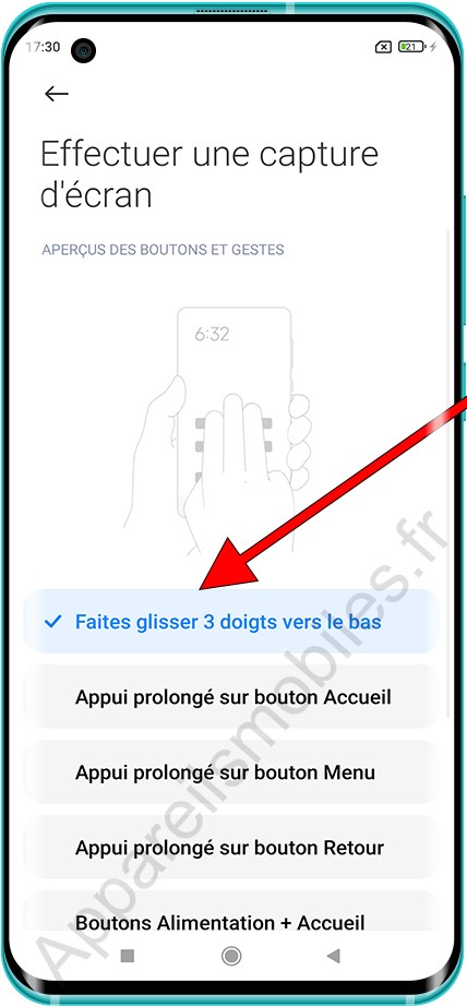 Capture d'écran avec trois doigts Xiaomi