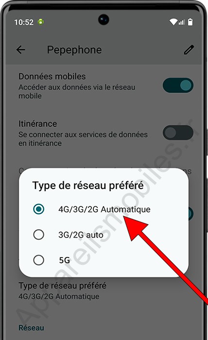 Changer le type de réseau Android 5G