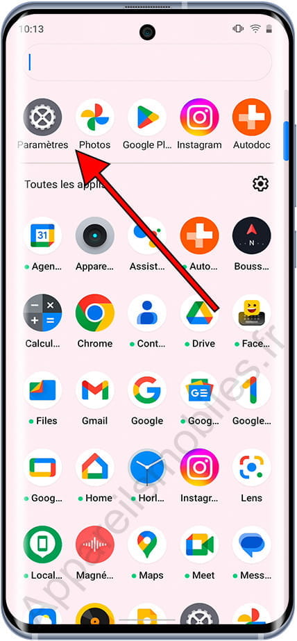 Paramètres dans la liste des applications