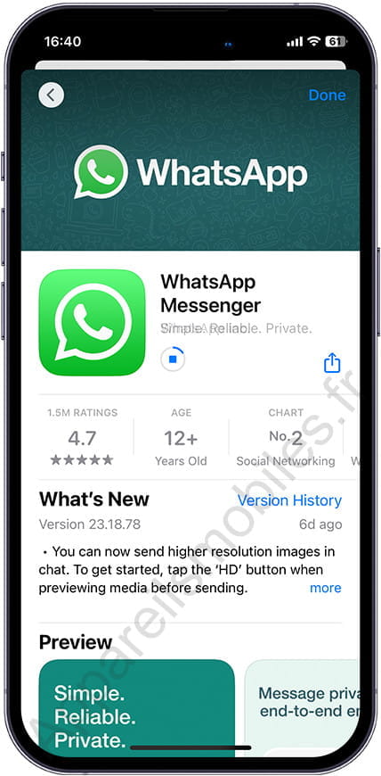 Téléchargement de la mise à jour WhatsApp iPhone