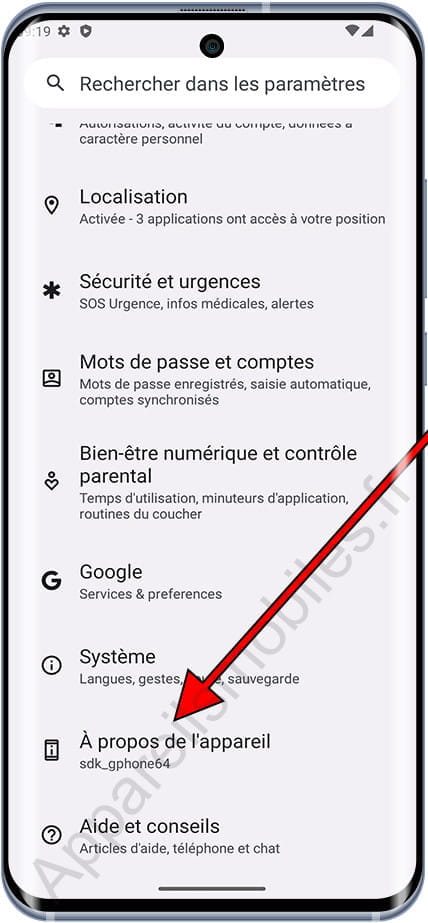 À propos de l'appareil sous Android