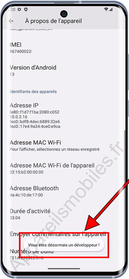 Mode développement activé sur Android