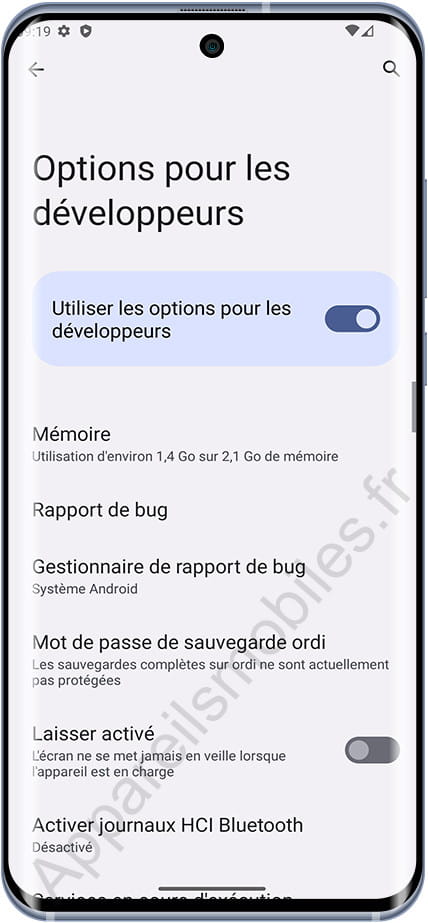 Menu Options du développeur sur Android