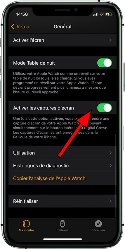 Activer les captures d'écran Apple Watch