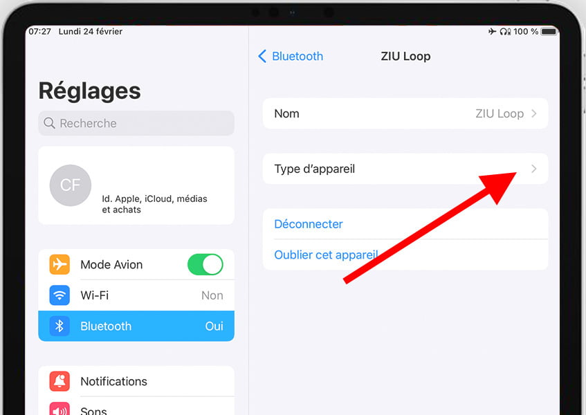 Type de dispositif Bluetooth sur iPhone