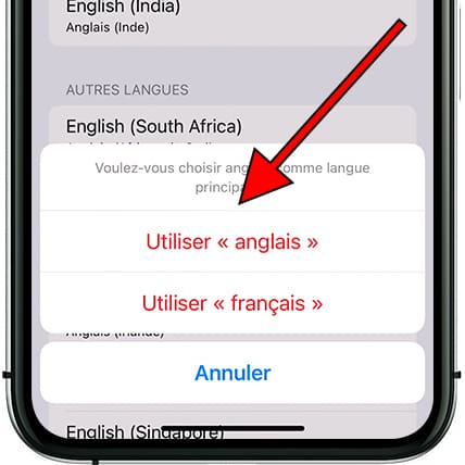 Confirmer modification langue iOS