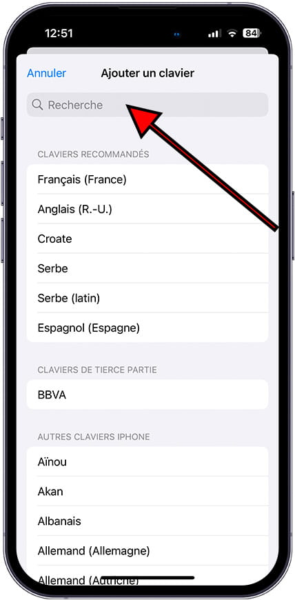 Recherche langues du clavier iOS
