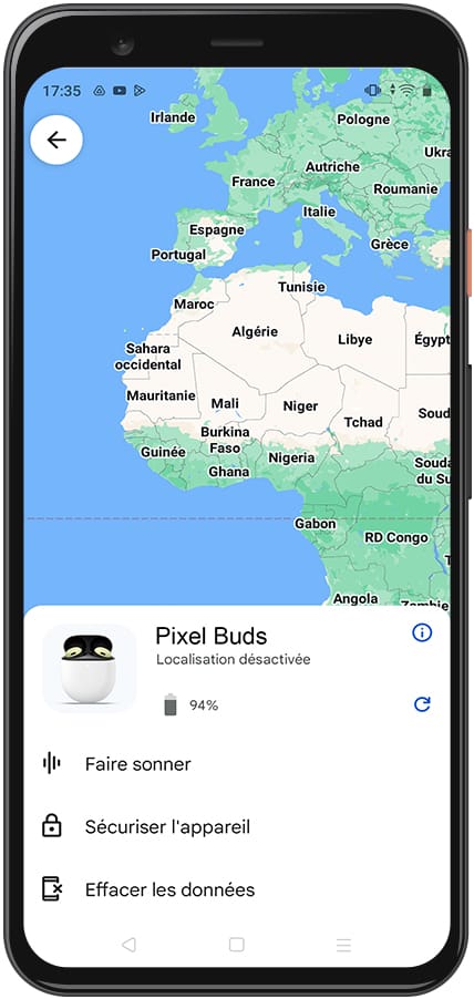 Carte de localisation des Pixel Buds Pro