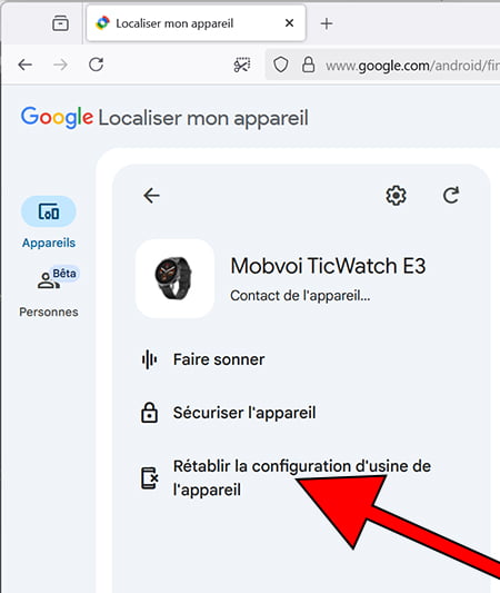 Effacer mon Mobvoi TicWatch E3 à distance