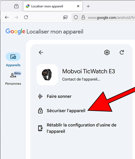 Verrouiller mon appareil Mobvoi TicWatch E3