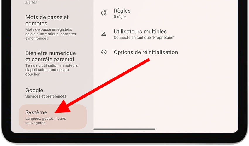 Section système dans Android