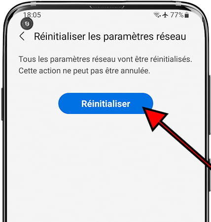 Confirmer la réinitialisation des paramètres réseau sur Samsung