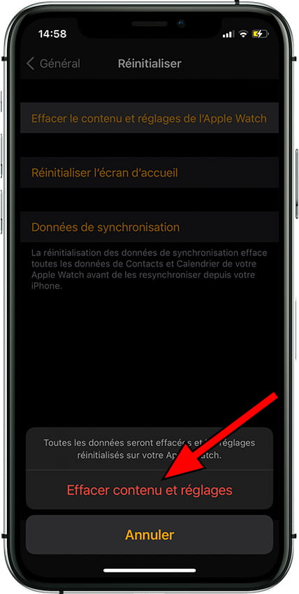 Confirmer la suppression du contenu et des paramètres Apple Watch