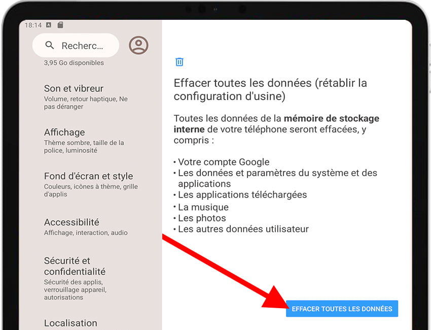 Effacer toutes les données (rétablir la configuration d'usine) Android