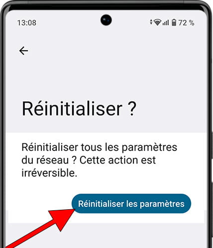 Confirmer la réinitialisation des paramètres réseau sur Android