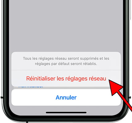 Confirmer la réinitialisation des réglages réseau iPhone