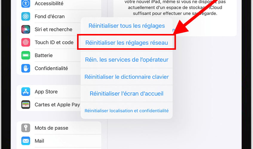 Bouton réinitialiser les réglages réseau iPhone