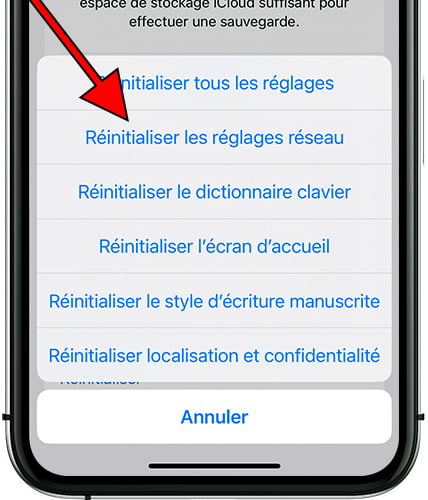 Bouton réinitialiser les réglages réseau iPhone