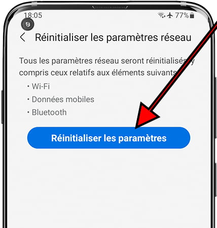 Bouton réinitialiser les paramètres réseau sur Samsung